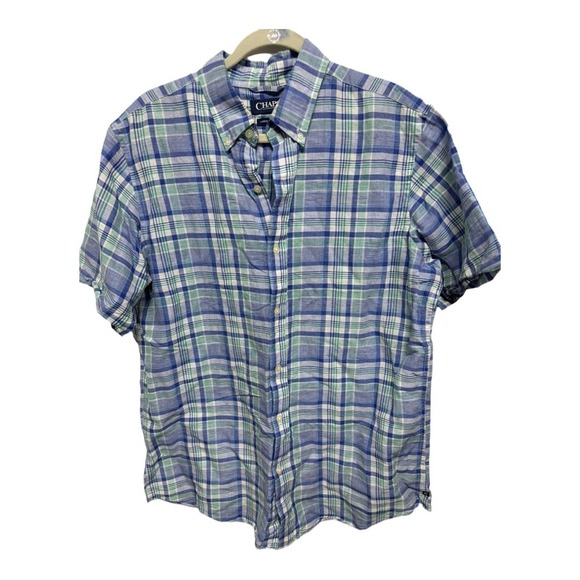 Chaps Linen Cotton Blend Plaid Button Down Men's Shirt Short Sleeve Size Large - Picture 1 of 6